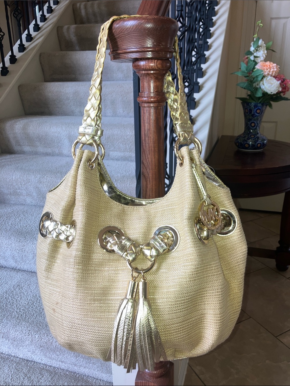 Michael Kors Carlton Leather Metallic Gold Braided/Ratan Hobo Bag with Tassel